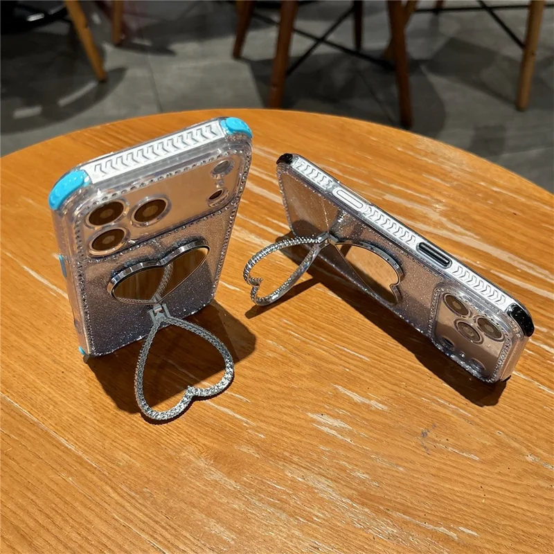 For iPhone 17 Pro Max Case with Heart Shape Kickstand 2 in 1 Rhinestone Glitter PC TPU Shockproof Cover - Black