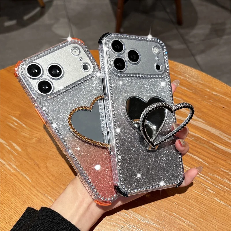 For iPhone 17 Pro Max Case with Heart Shape Kickstand 2 in 1 Rhinestone Glitter PC TPU Shockproof Cover - Black