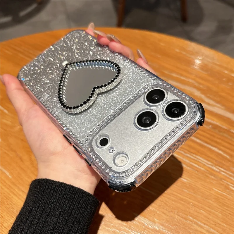 For iPhone 17 Pro Max Case with Heart Shape Kickstand 2 in 1 Rhinestone Glitter PC TPU Shockproof Cover - Black