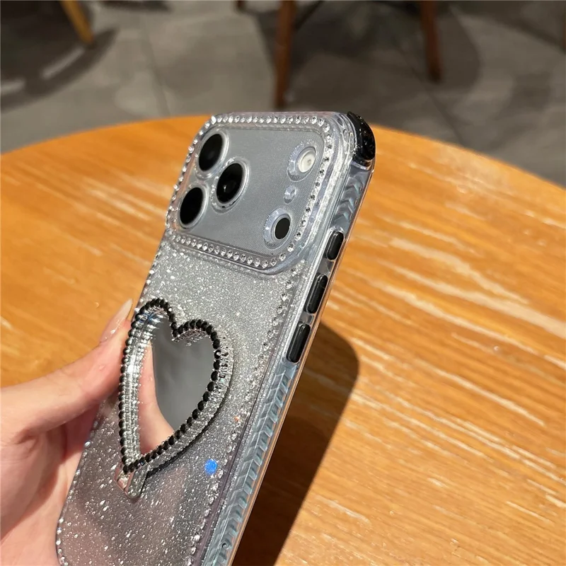 For iPhone 17 Pro Max Case with Heart Shape Kickstand 2 in 1 Rhinestone Glitter PC TPU Shockproof Cover - Black