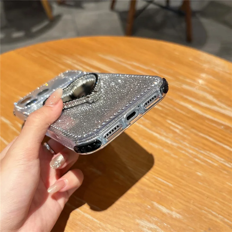 For iPhone 17 Pro Max Case with Heart Shape Kickstand 2 in 1 Rhinestone Glitter PC TPU Shockproof Cover - Black