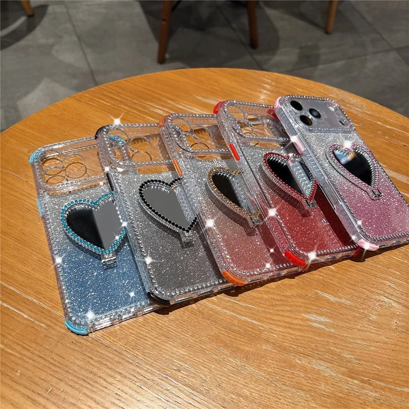 For iPhone 17 Pro Max Case with Heart Shape Kickstand 2 in 1 Rhinestone Glitter PC TPU Shockproof Cover - Black