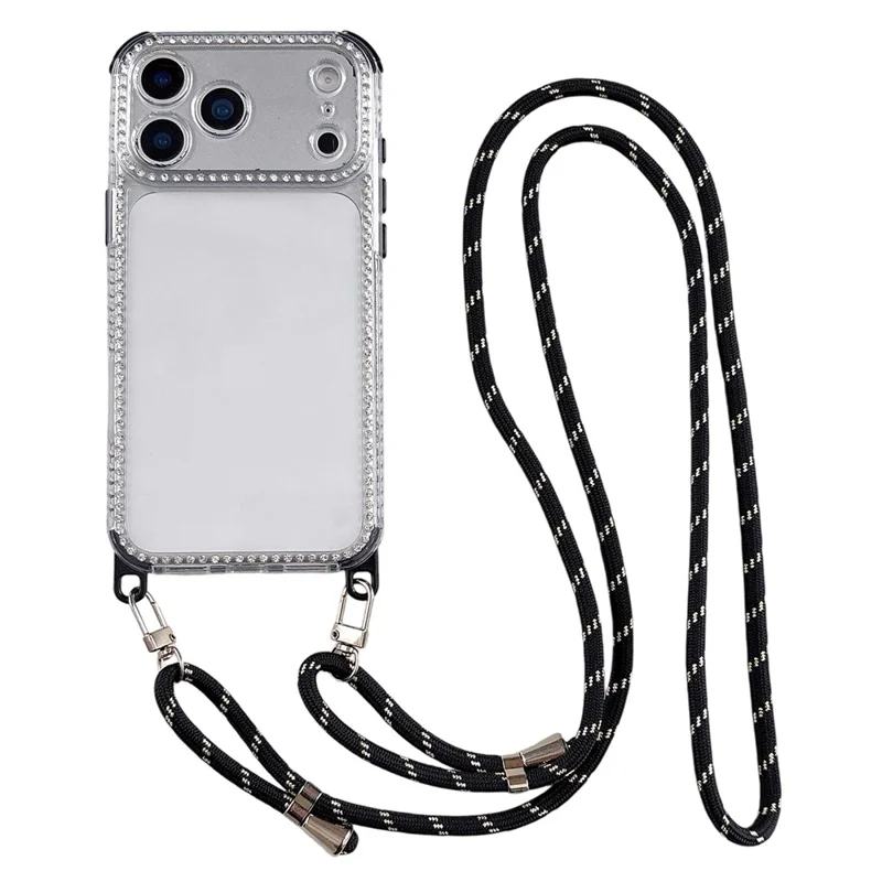 Voor iPhone 17 Pro Transparant Hoesje met 70-140 cm Lang Riemmetje Rhinestone Decoratie PC TPU Stootvaste Hoes - Zwart