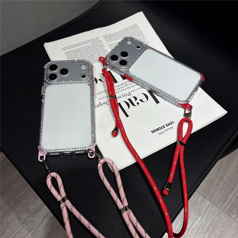 Voor iPhone 17 Pro Transparant Hoesje met 70-140 cm Lang Riemmetje Rhinestone Decoratie PC TPU Stootvaste Hoes - Zwart