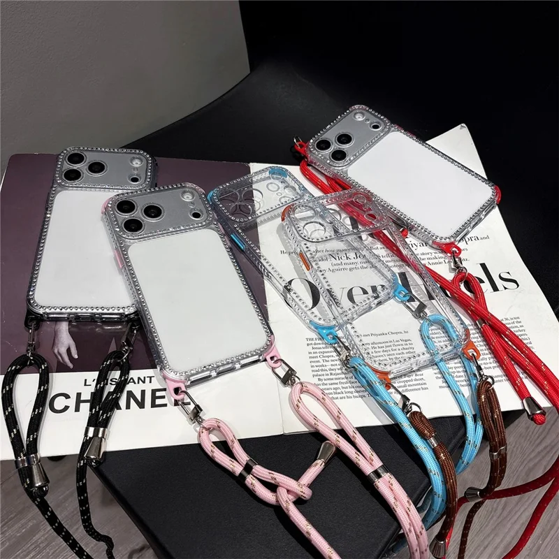 For iPhone 17 Pro Max Clear Phone Case with 70-140cm Long Strap Rhinestone Decor PC TPU Shockproof Cover - Black