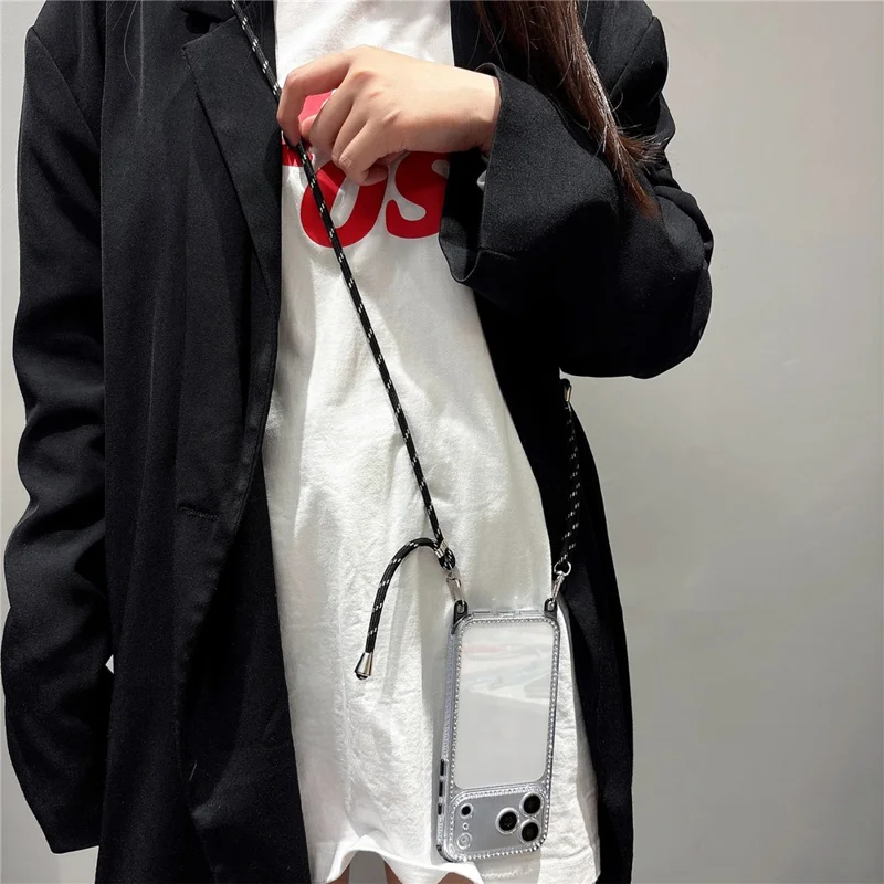 For iPhone 17 Pro Max Clear Phone Case with 70-140cm Long Strap Rhinestone Decor PC TPU Shockproof Cover - Black