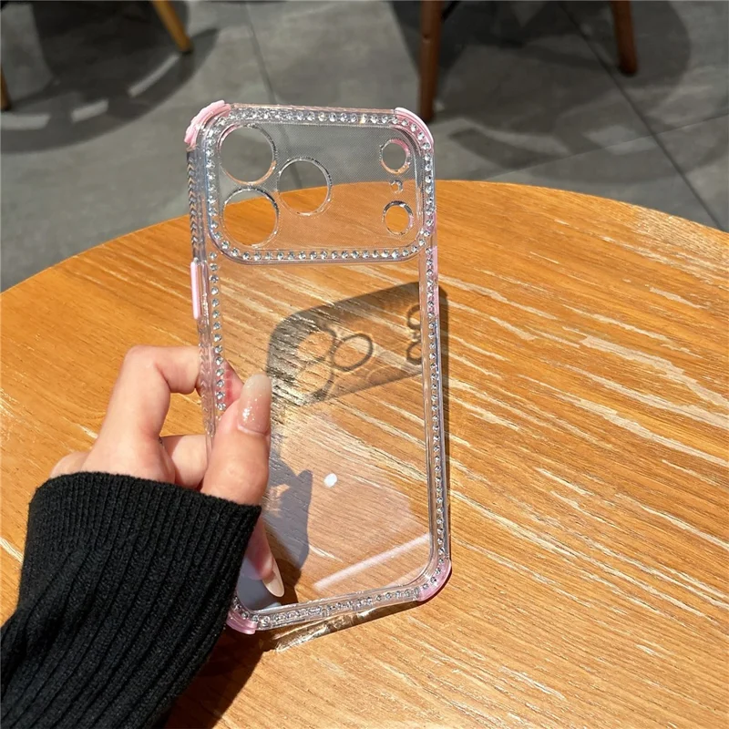 For iPhone 17 Pro Max Clear Phone Case with 70-140cm Long Strap Rhinestone Decor PC TPU Shockproof Cover - Black