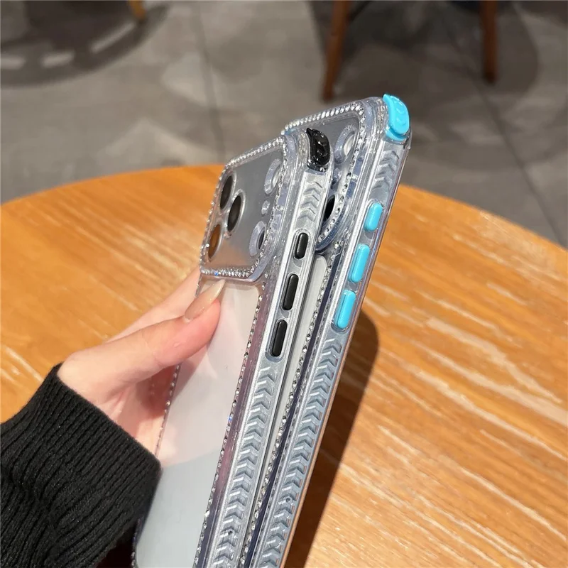 For iPhone 17 Pro Max Clear Phone Case with 70-140cm Long Strap Rhinestone Decor PC TPU Shockproof Cover - Black