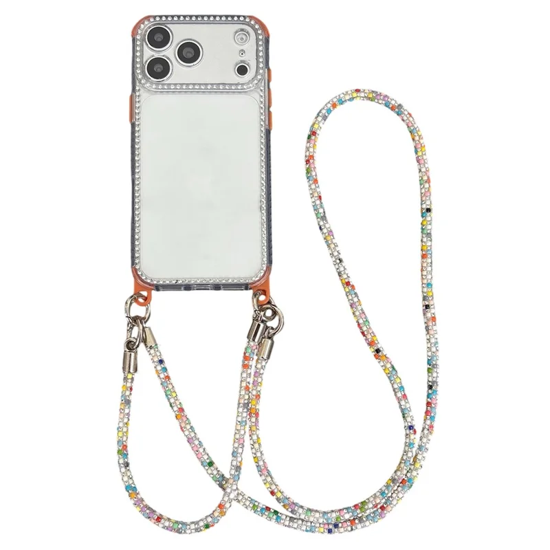 For iPhone 17 Pro Clear Phone Case with 70-140cm Colorful Chain Strap Rhinestone Decor PC TPU Shockproof Cover - Orange