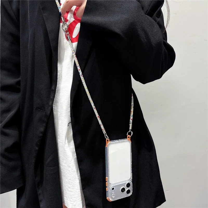 For iPhone 17 Pro Clear Phone Case with 70-140cm Colorful Chain Strap Rhinestone Decor PC TPU Shockproof Cover - Orange