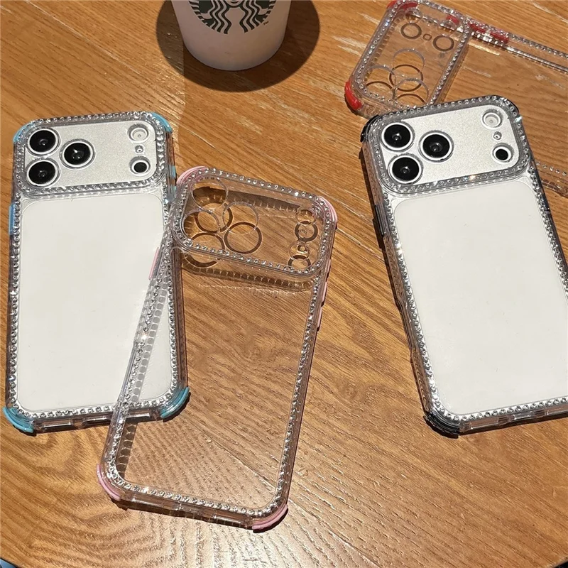 For iPhone 17 Pro Clear Phone Case with 70-140cm Colorful Chain Strap Rhinestone Decor PC TPU Shockproof Cover - Orange