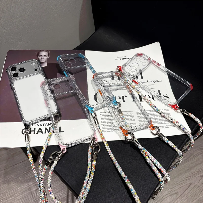 For iPhone 17 Pro Max Clear Phone Case with 70-140cm Colorful Chain Strap Rhinestone Decor PC TPU Shockproof Cover - Orange