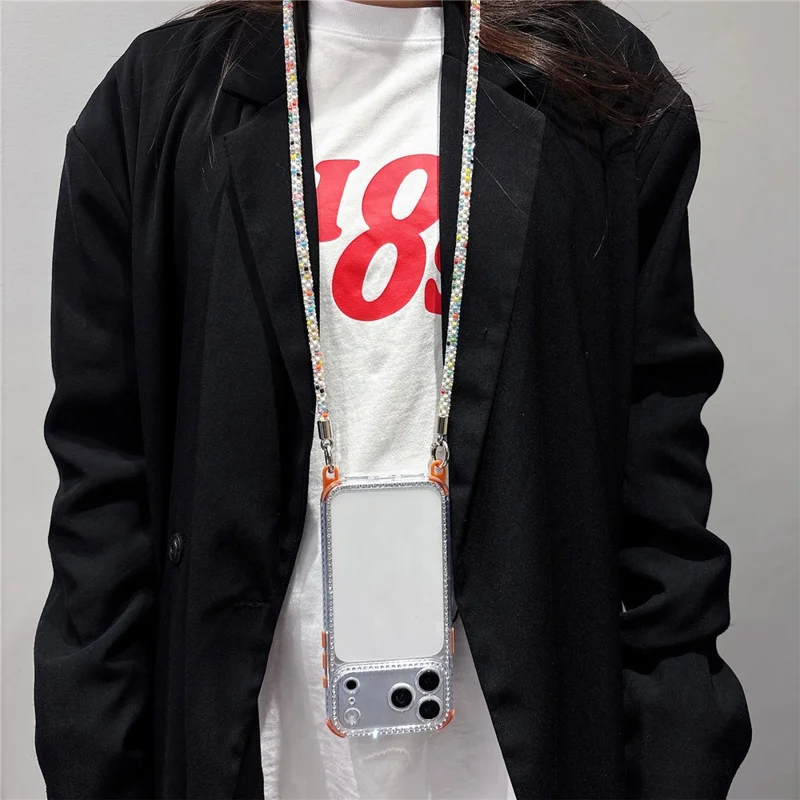 For iPhone 17 Pro Max Clear Phone Case with 70-140cm Colorful Chain Strap Rhinestone Decor PC TPU Shockproof Cover - Orange