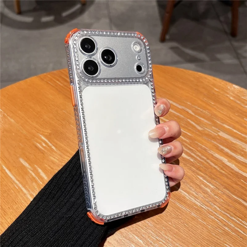For iPhone 17 Pro Max Clear Phone Case with 70-140cm Colorful Chain Strap Rhinestone Decor PC TPU Shockproof Cover - Orange