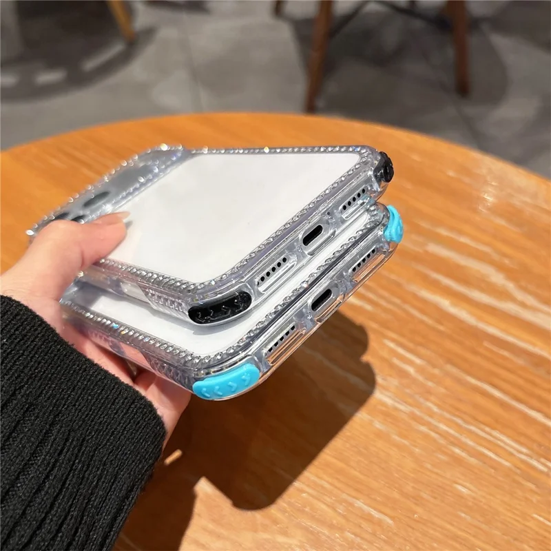 For iPhone 17 Pro Max Clear Phone Case with 70-140cm Colorful Chain Strap Rhinestone Decor PC TPU Shockproof Cover - Orange