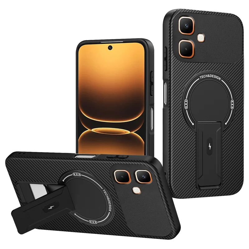 For Infinix Smart 20 4G Phone Case Carbon Fiber Texture PC + TPU Phone Cover with Kickstand - Black