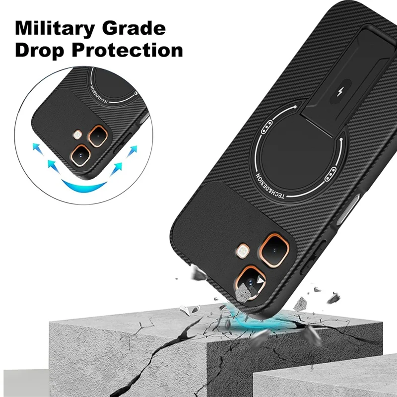 For Infinix Smart 20 4G Phone Case Carbon Fiber Texture PC + TPU Phone Cover with Kickstand - Black