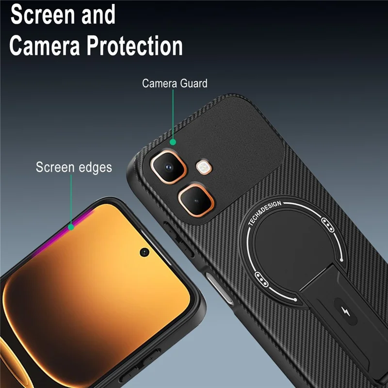For Infinix Smart 20 4G Phone Case Carbon Fiber Texture PC + TPU Phone Cover with Kickstand - Black