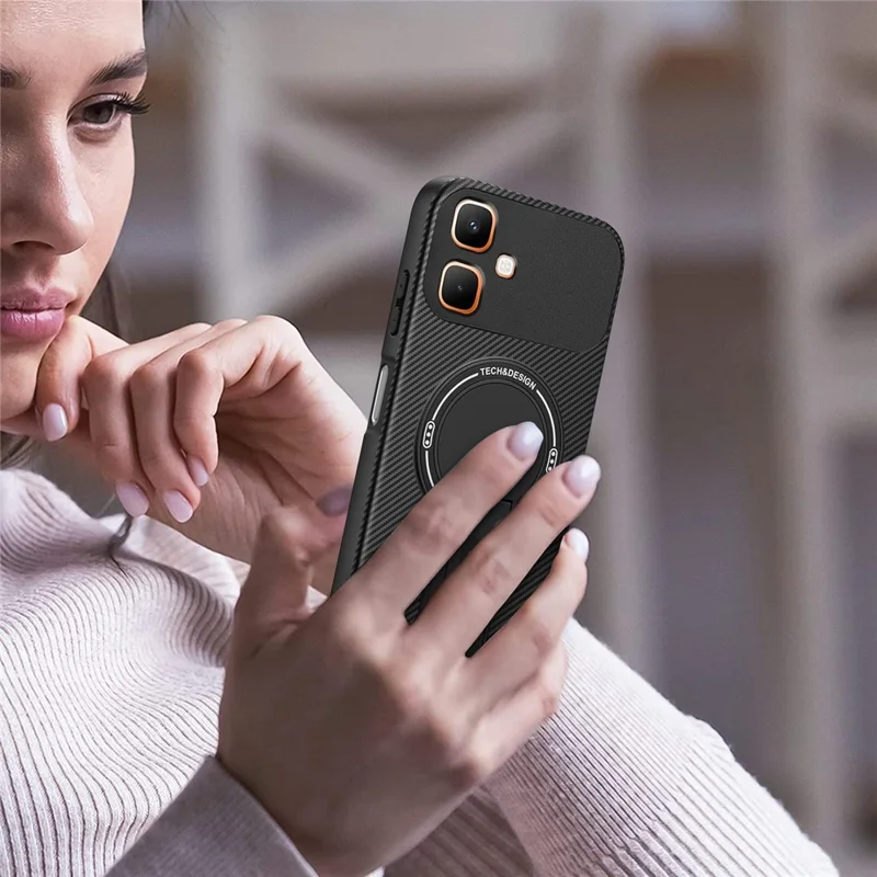For Infinix Smart 20 4G Phone Case Carbon Fiber Texture PC + TPU Phone Cover with Kickstand - Black