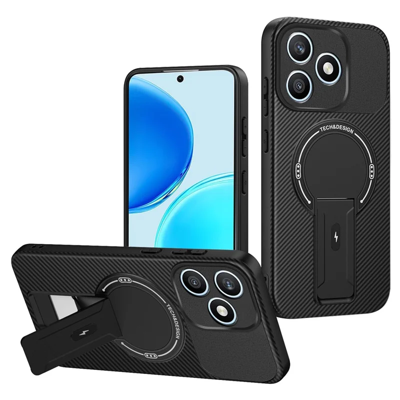 For Honor X8d 4G Phone Case Carbon Fiber Texture PC + TPU Phone Cover with Kickstand - Black