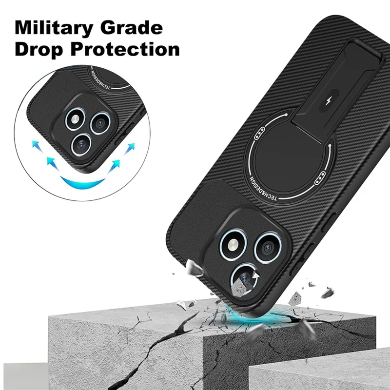 For Honor X8d 4G Phone Case Carbon Fiber Texture PC + TPU Phone Cover with Kickstand - Black