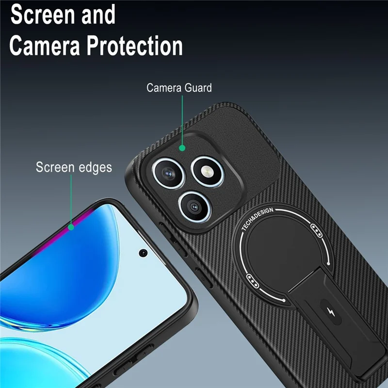 For Honor X8d 4G Phone Case Carbon Fiber Texture PC + TPU Phone Cover with Kickstand - Black