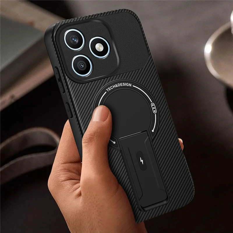 For Honor X8d 4G Phone Case Carbon Fiber Texture PC + TPU Phone Cover with Kickstand - Black