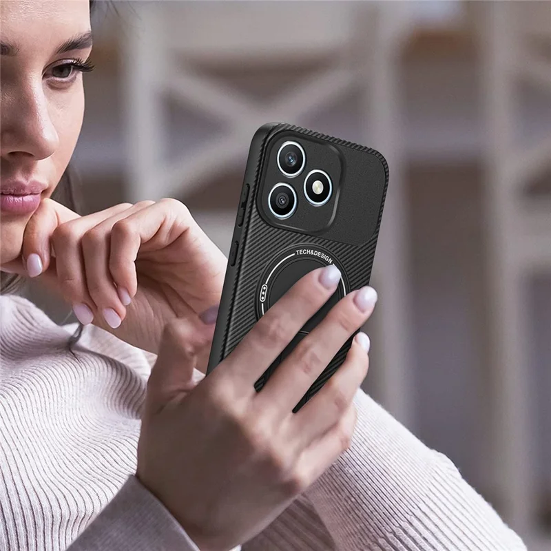 For Honor X8d 4G Phone Case Carbon Fiber Texture PC + TPU Phone Cover with Kickstand - Black