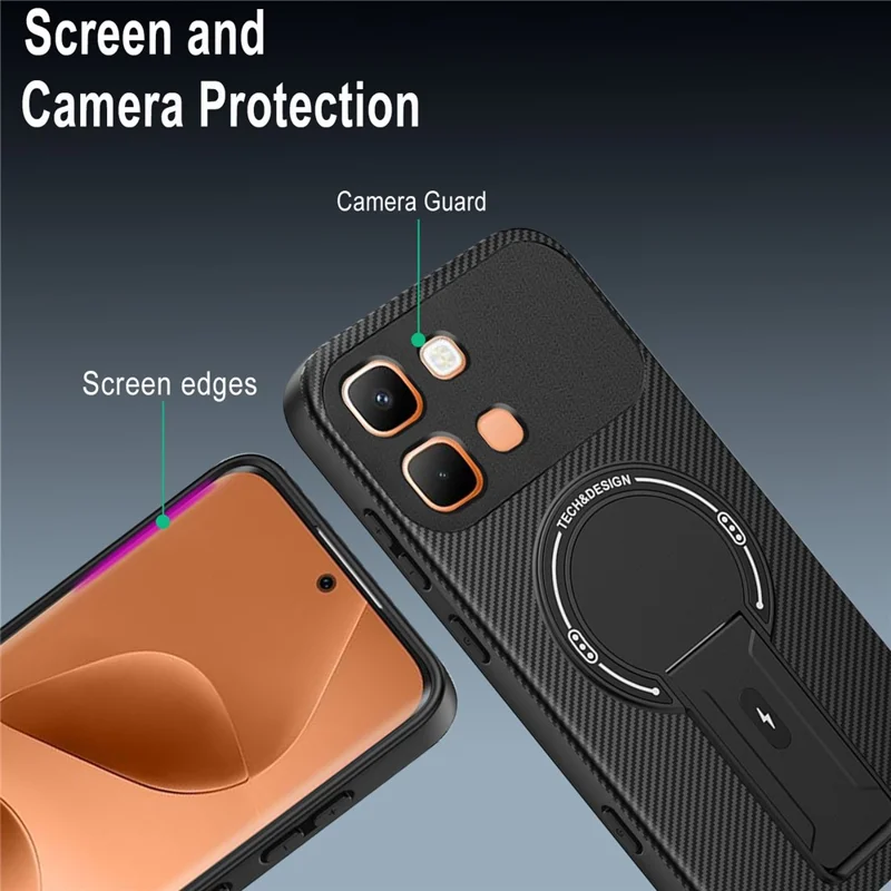 For Infinix Note Edge 5G Phone Case Carbon Fiber Texture PC + TPU Phone Cover with Kickstand - Black