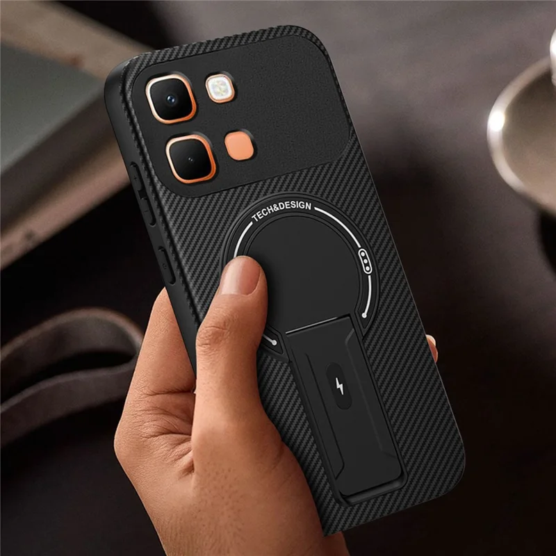 For Infinix Note Edge 5G Phone Case Carbon Fiber Texture PC + TPU Phone Cover with Kickstand - Black