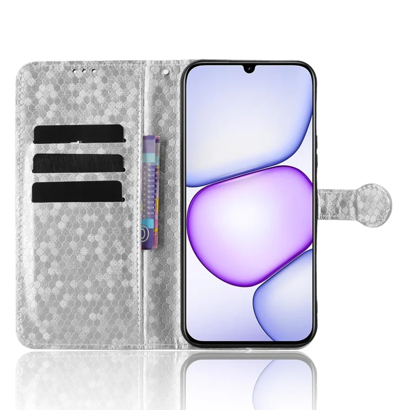 For Realme C83 5G  /  P4 Lite 5G Wallet Case Dot Pattern Imprint PU Leather Phone Cover with Wrist Strap - Silver