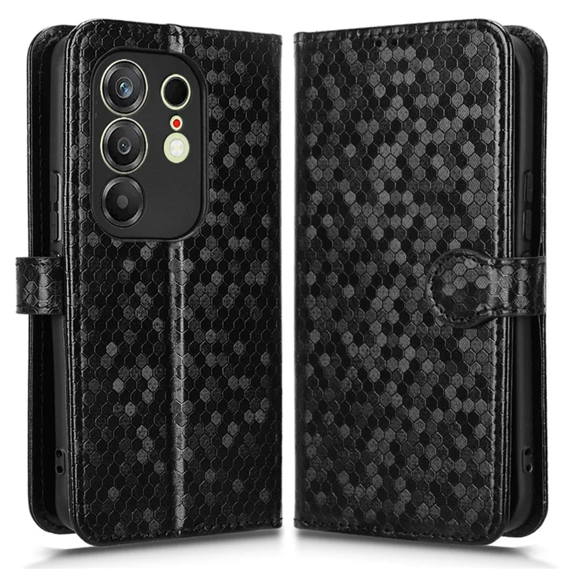 For TECNO Camon 50 Pro 4G Wallet Case Dot Pattern Imprint PU Leather Phone Cover with Wrist Strap - Black