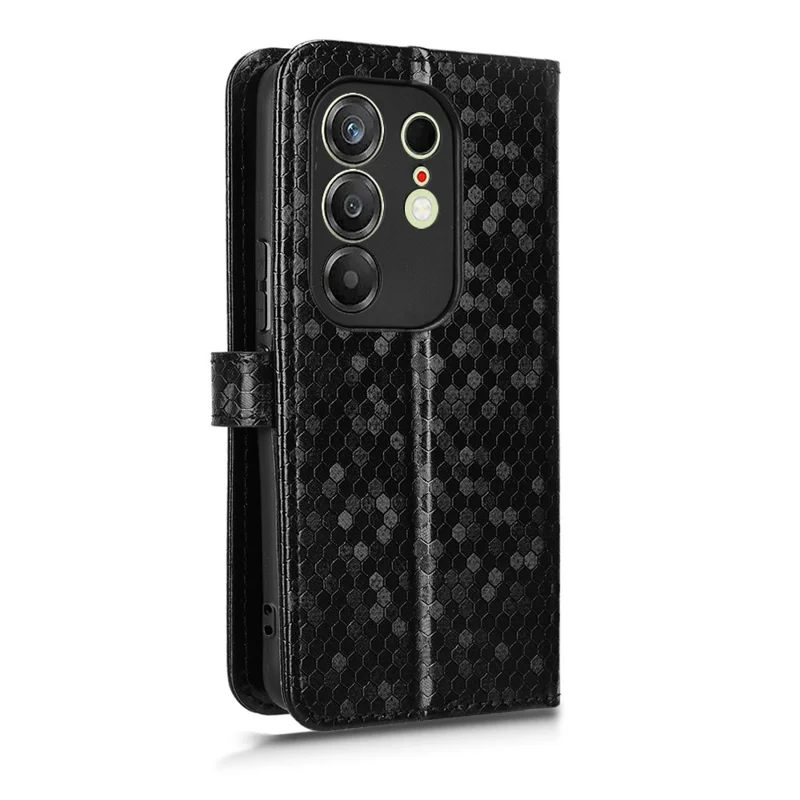 For TECNO Camon 50 Pro 4G Wallet Case Dot Pattern Imprint PU Leather Phone Cover with Wrist Strap - Black