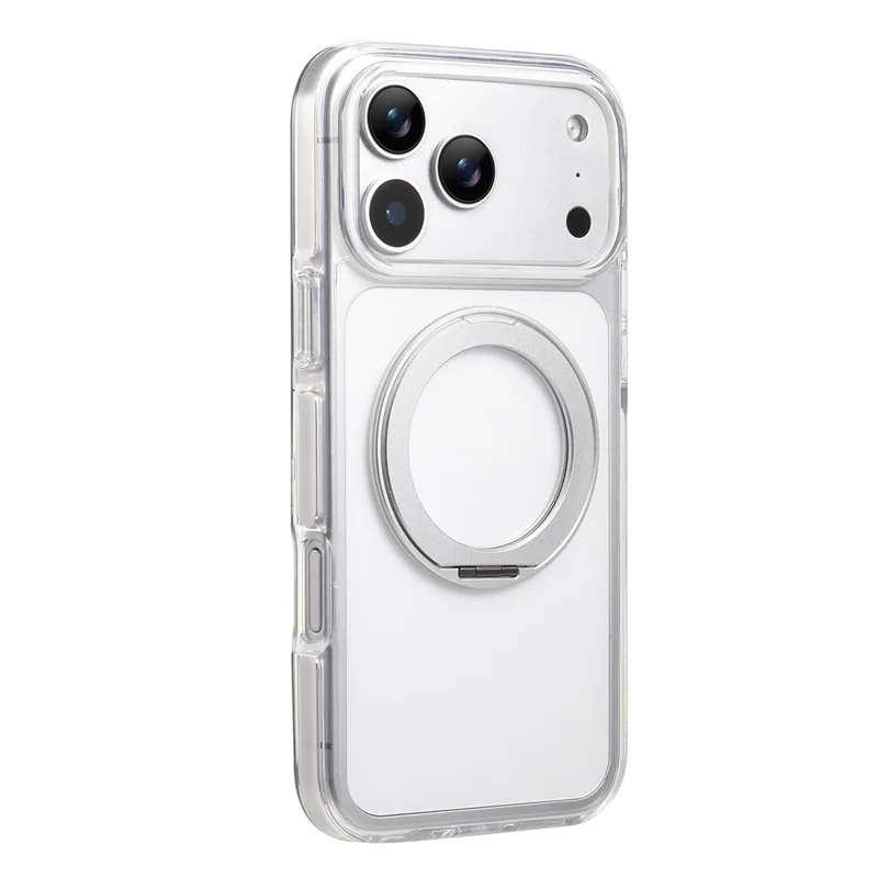 For iPhone 17 Pro Magnetic Phone Case with 360° Rotating Ring Kickstand PC TPU Hybrid Shockproof Cover - White