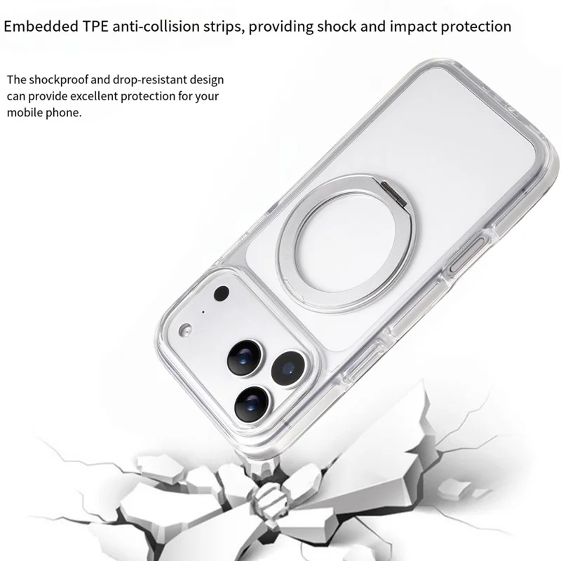 For iPhone 17 Pro Magnetic Phone Case with 360° Rotating Ring Kickstand PC TPU Hybrid Shockproof Cover - White