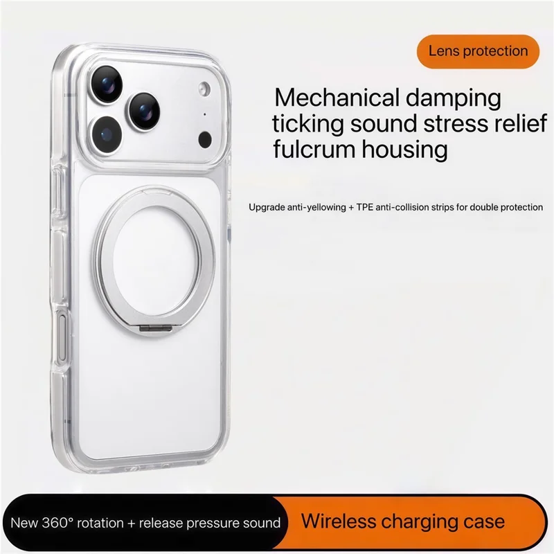For iPhone 17 Pro Magnetic Phone Case with 360° Rotating Ring Kickstand PC TPU Hybrid Shockproof Cover - White