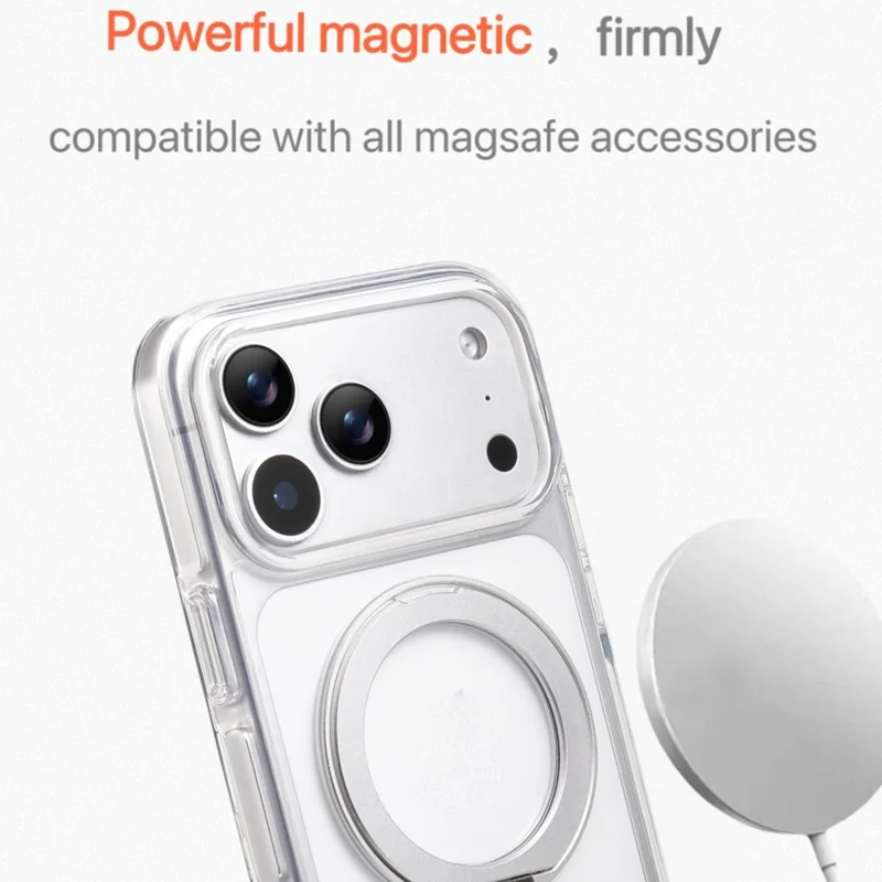 For iPhone 17 Pro Magnetic Phone Case with 360° Rotating Ring Kickstand PC TPU Hybrid Shockproof Cover - White