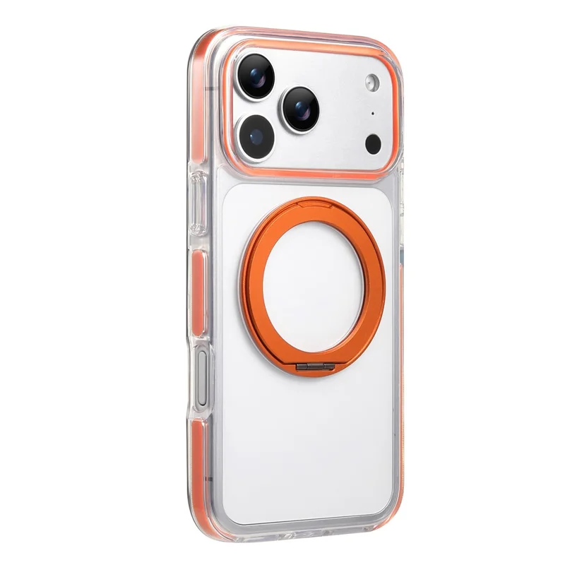 For iPhone 17 Pro Max Magnetic Phone Case with 360° Rotating Ring Kickstand PC TPU Hybrid Shockproof Cover - Orange