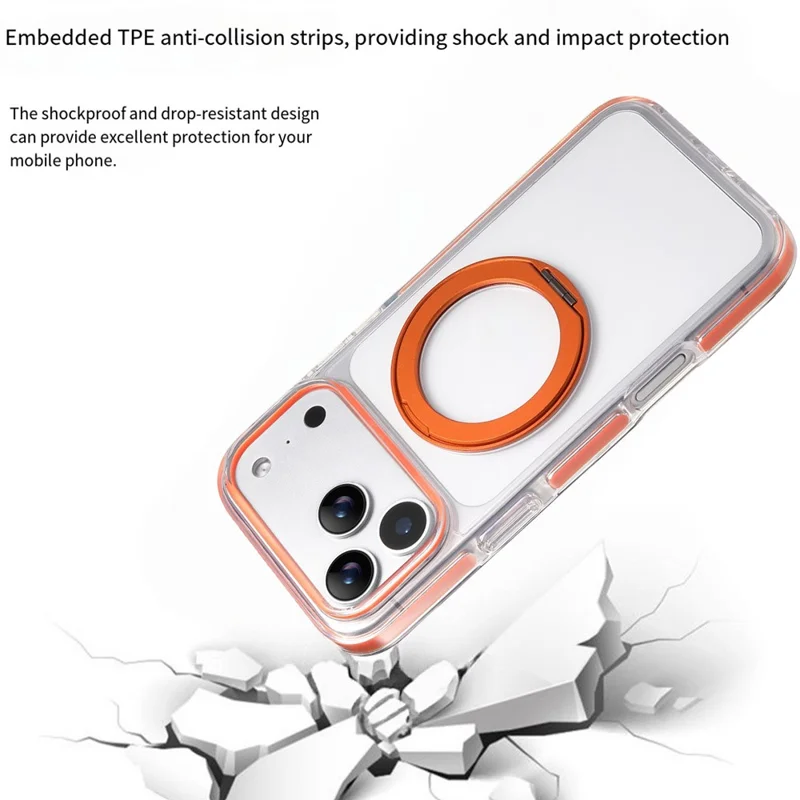 For iPhone 17 Pro Max Magnetic Phone Case with 360° Rotating Ring Kickstand PC TPU Hybrid Shockproof Cover - Orange