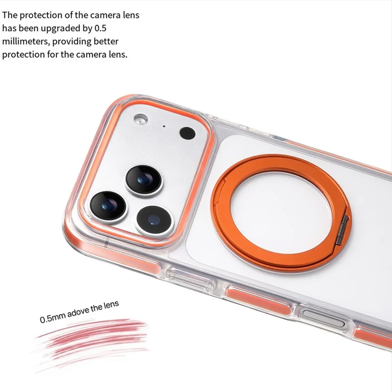 For iPhone 17 Pro Max Magnetic Phone Case with 360° Rotating Ring Kickstand PC TPU Hybrid Shockproof Cover - Orange