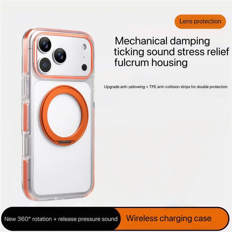 For iPhone 17 Pro Max Magnetic Phone Case with 360° Rotating Ring Kickstand PC TPU Hybrid Shockproof Cover - Orange