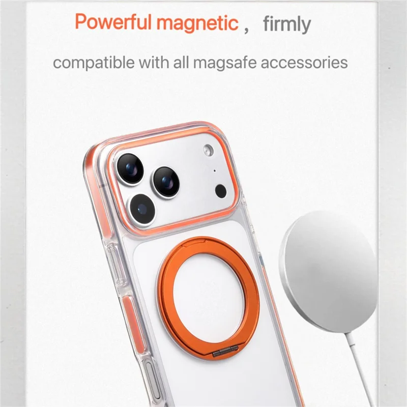 For iPhone 17 Pro Max Magnetic Phone Case with 360° Rotating Ring Kickstand PC TPU Hybrid Shockproof Cover - Orange