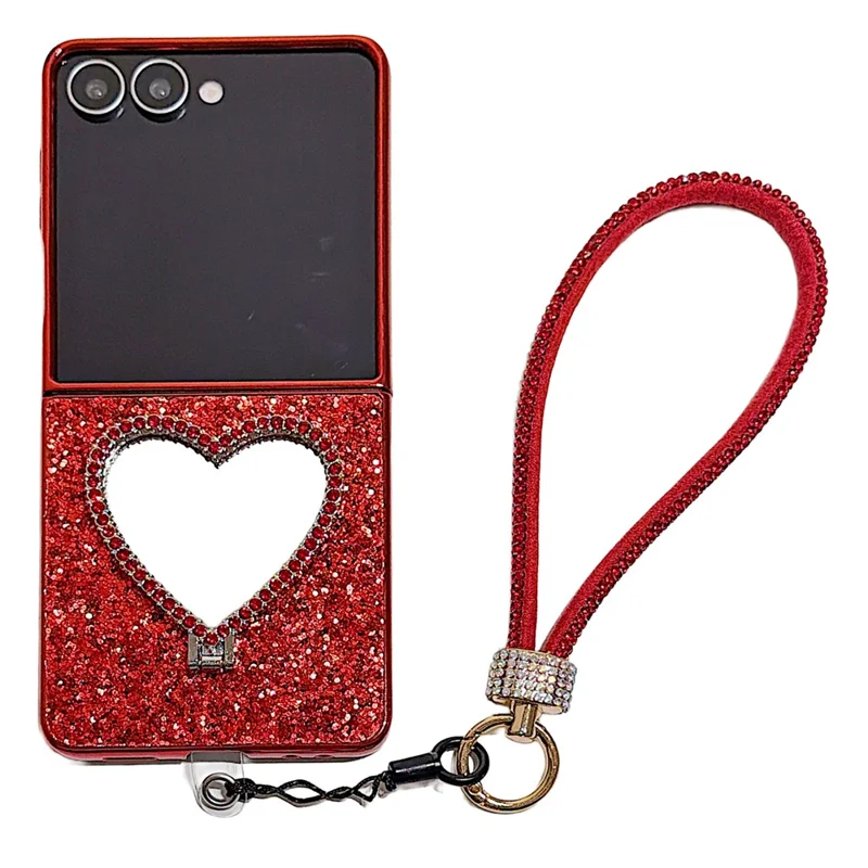 For Samsung Galaxy Z Flip7 5G Foldable Case Glitter Heart Mirror Electroplated Cover with Diamond Lanyard - Red