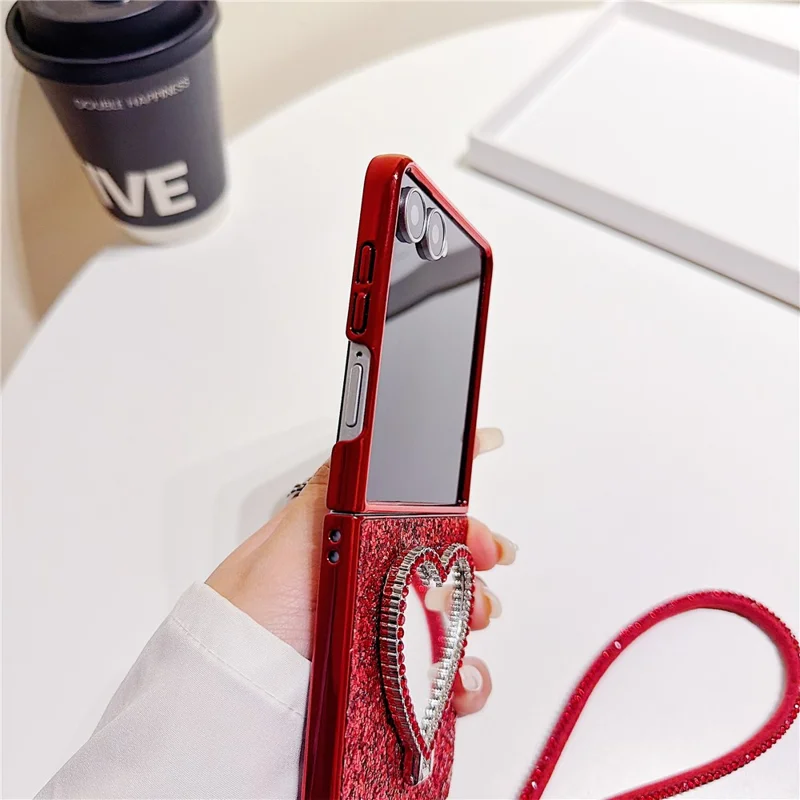 For Samsung Galaxy Z Flip7 5G Foldable Case Glitter Heart Mirror Electroplated Cover with Diamond Lanyard - Red