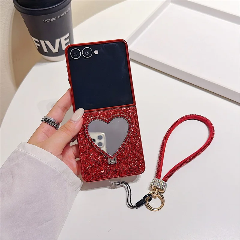 For Samsung Galaxy Z Flip7 5G Foldable Case Glitter Heart Mirror Electroplated Cover with Diamond Lanyard - Red