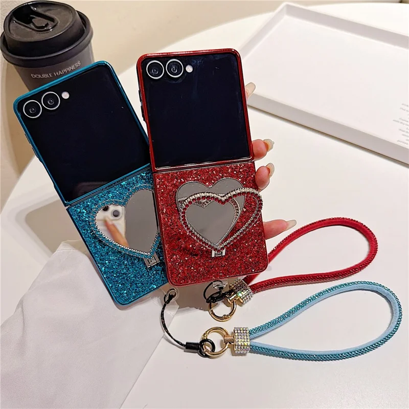 For Samsung Galaxy Z Flip7 5G Foldable Case Glitter Heart Mirror Electroplated Cover with Diamond Lanyard - Red