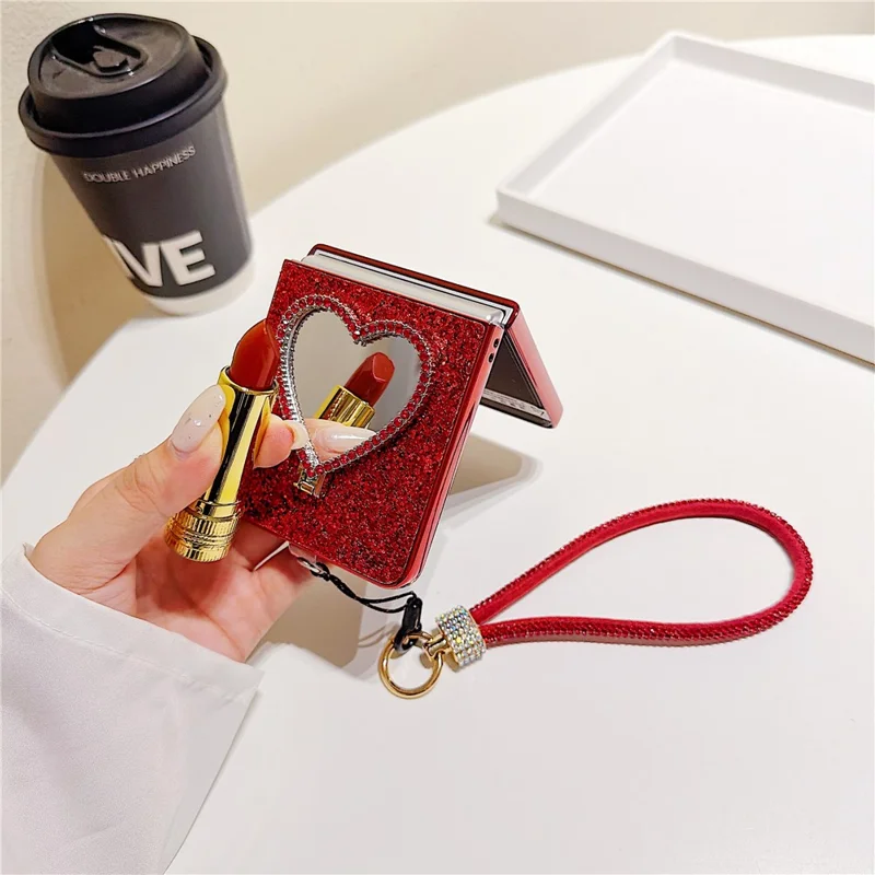 For Samsung Galaxy Z Flip7 5G Foldable Case Glitter Heart Mirror Electroplated Cover with Diamond Lanyard - Red