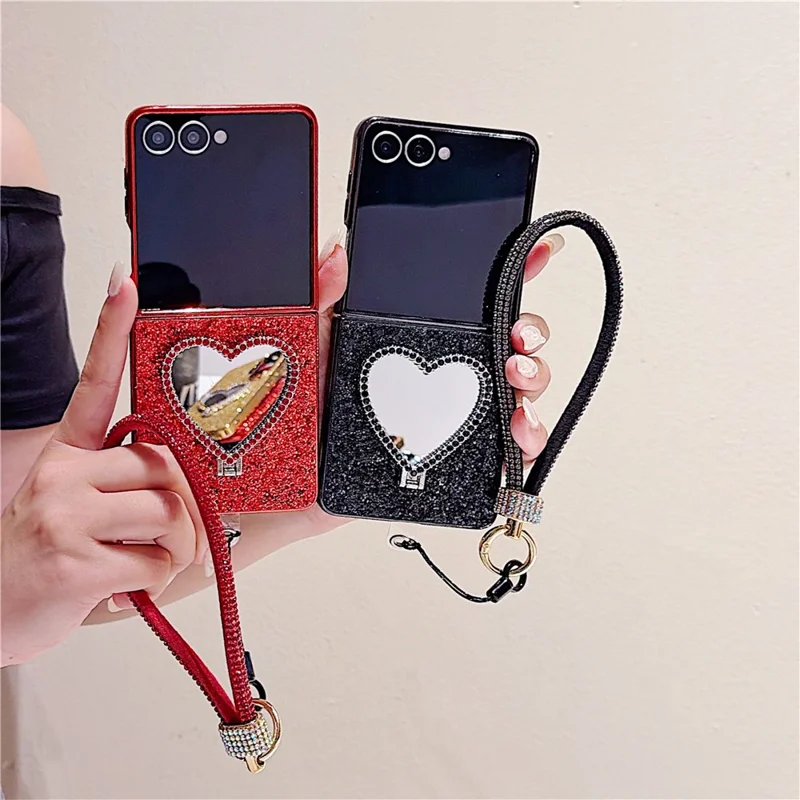 For Samsung Galaxy Z Flip7 5G Foldable Case Glitter Heart Mirror Electroplated Cover with Diamond Lanyard - Red