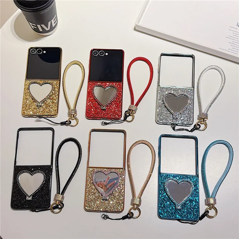 For Samsung Galaxy Z Flip7 5G Foldable Case Glitter Heart Mirror Electroplated Cover with Diamond Lanyard - Red