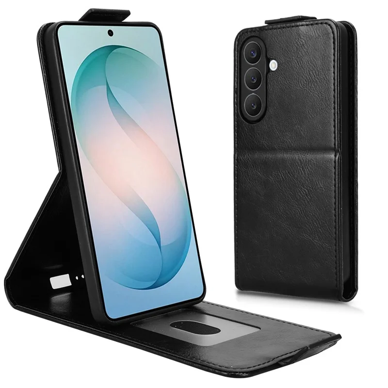 For Samsung Galaxy S26 Stand Case Magnetic Clasp Vertical Flip Leather Phone Cover with Card Holder - Black